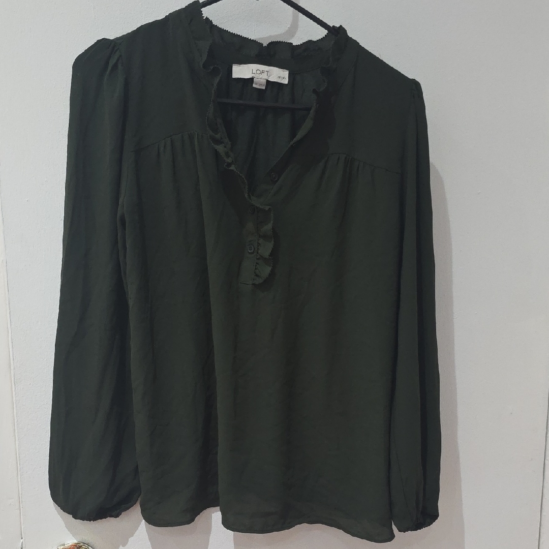 Loft Dark Green Ruffle Henley Blouse